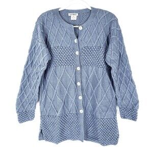 Deirdre McGuire Hand Knit in Ireland Cardigan Sweater Medium Pima Cotton Blue